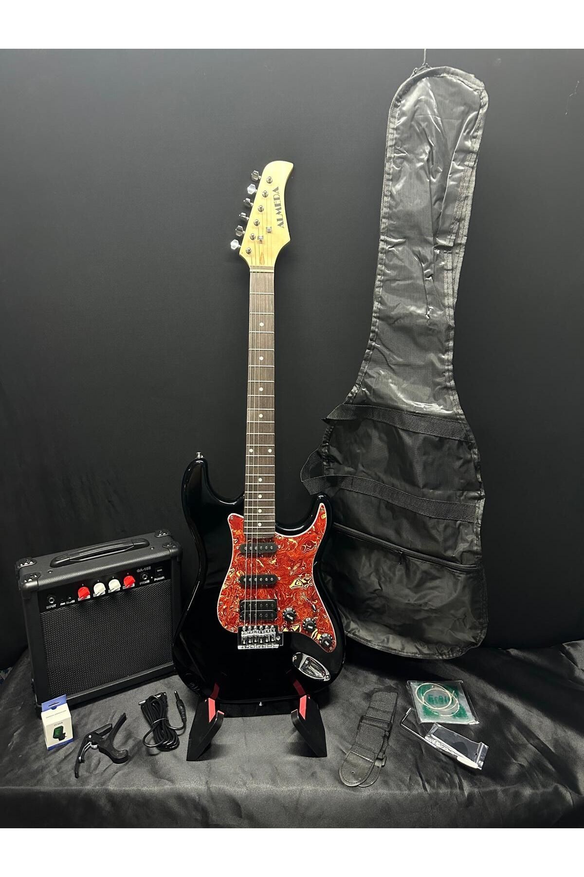 Elektro Gitar Set Siyah Hss Manyetikli 15w Amfi (GİTAR-AMFİ-KABLO-ASKI-KAPO-AKORT CİHAZI-YEDEK TEL)